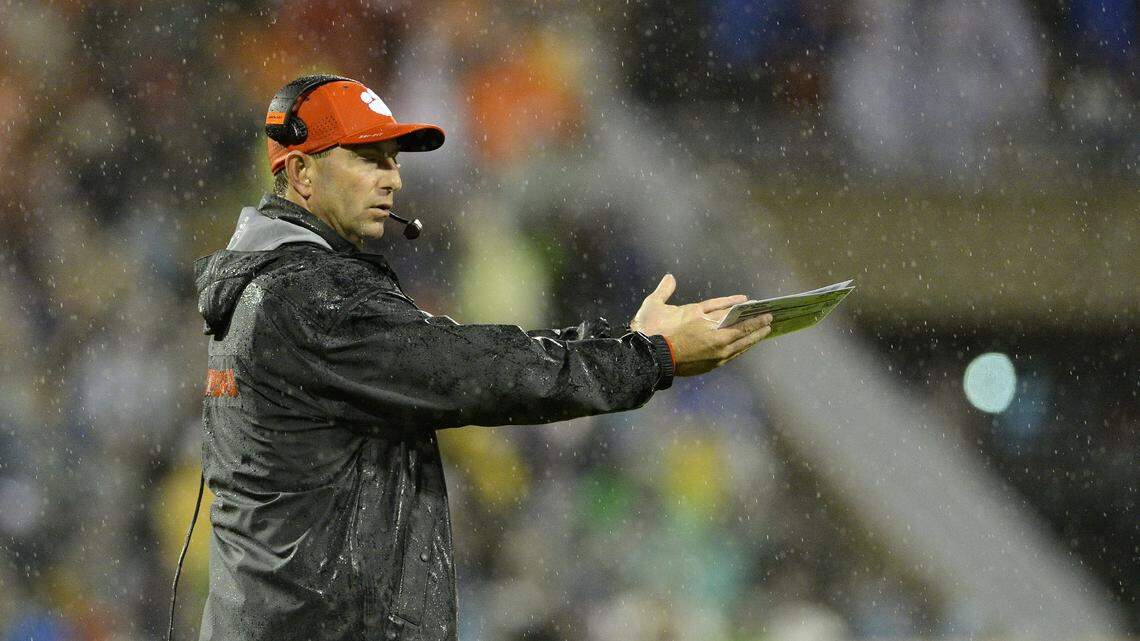 Clemson head coach Dabo Swinney reacts during the second half of an NCAA college football game against Notre Dame Saturday, Oct. 3, 2015, in Clemson, S.C. Clemson won 24-22. (AP Photo/Richard Shiro)