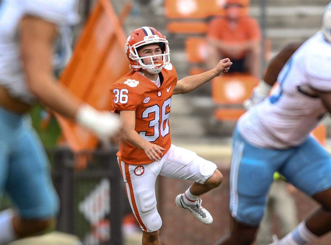 Clemson kicker Quinn Castner(36) looks up after the opening kickoff during the first quarter of the game with The Citadel Saturday, Sept. 19, 2020 at Memorial Stadium in Clemson, S.C.
