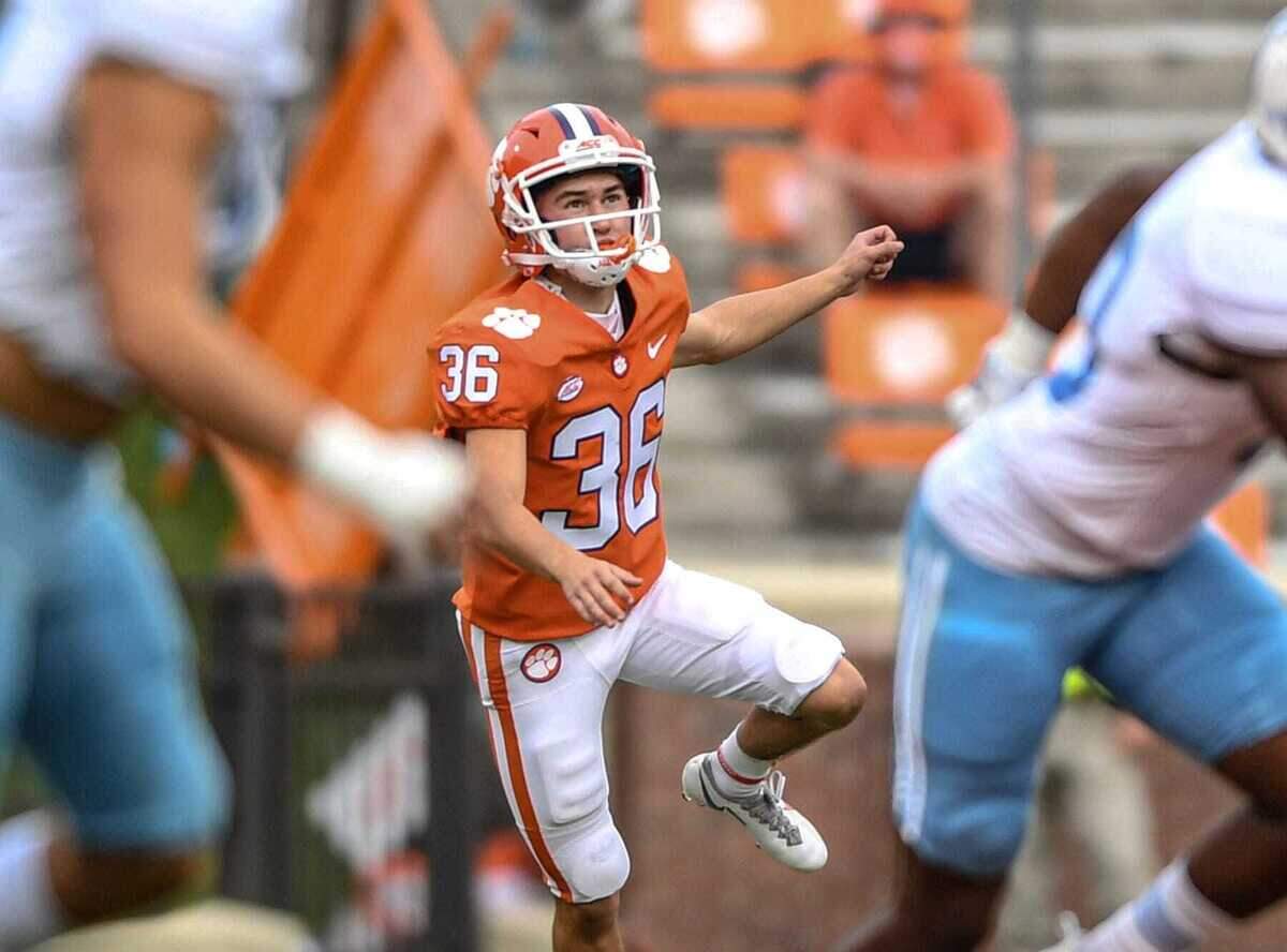 Clemson kicker Quinn Castner(36) looks up after the opening kickoff during the first quarter of the game with The Citadel Saturday, Sept. 19, 2020 at Memorial Stadium in Clemson, S.C.