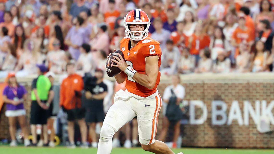 CLEMSON, SOUTH CAROLINA - SEPTEMBER 06: Cade Klubnik #2 of the Clemson Tigers looks down the field during the fourth quarter against the Troy Trojans at Memorial Stadium on September 06, 2025 in Clemson, South Carolina. (Photo by Katie Januck/Getty Images)