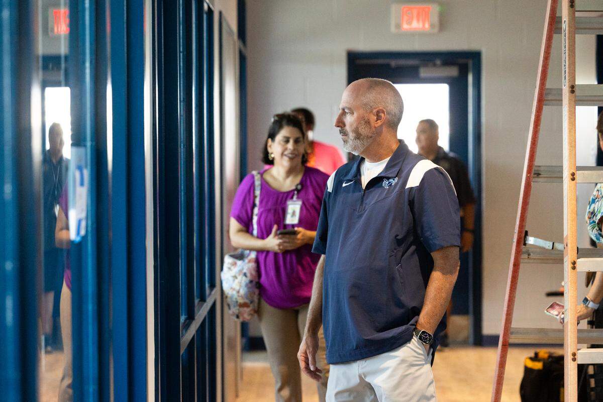 Chapin High School head football coach Ryan Cole looks around the school’s new stadium press box on Wednesday, August 28, 2024. The press box is mostly finished, with some construction on technical infrastructure still underway.