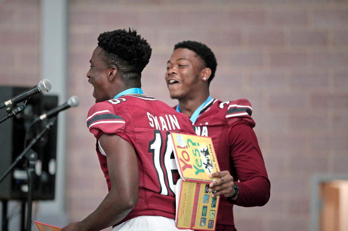 Vicari Swain, Zahbari Sandy and the University of South Carolina football team freshmen took part in the annual Pigskin Poets reading event Friday, July 21, 2023 at the Drew Wellness Center in Columbia.