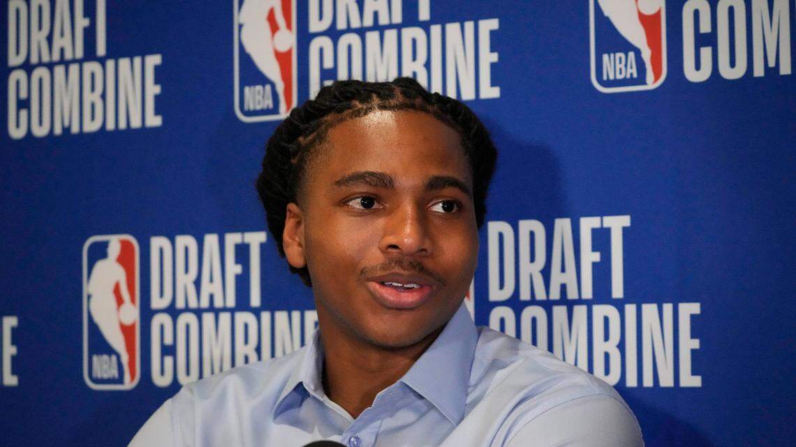 Collin Murray-Boyles talks to the media during the 2025 NBA Draft Combine at Marriott Marquis Chicago.