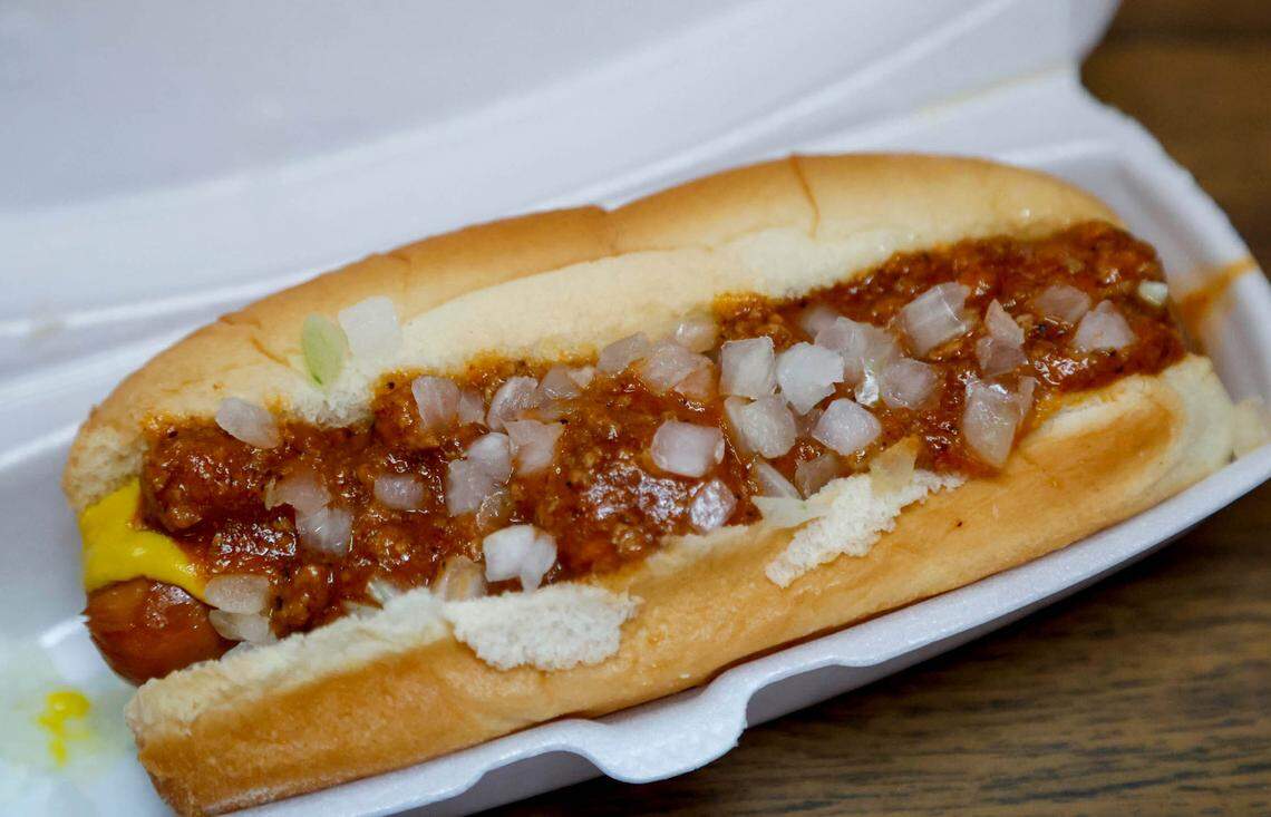 Mack’s Cash Grocery serves 150-200 hot dogs a day. Customers to the restaurant recently voted Mack’s hot dogs as the best hot dogs in the city. Homemade chili tops a hot dog at Macks.