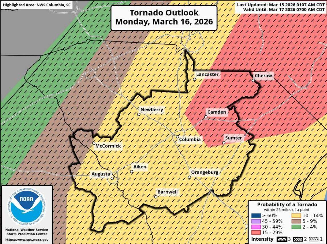 A look at the forecast for possible tornadoes in the Midlands of South Carolina on Monday.