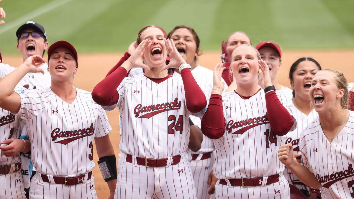 South Carolina players celebrate following the Gamecocks’ win over North Florida at Beckham Field in Columbia on Sunday, May 18, 2025.


