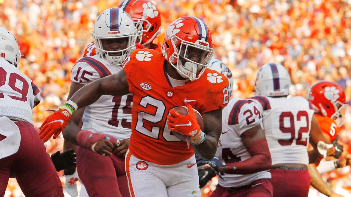 Clemson Tigers running back Kobe Pace (20) runs into the endzone for a touchdown against S.C. State during first-quarter action in Clemson, S.C. on Saturday, Sept. 11, 2021.