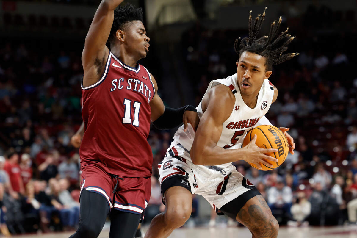 South Carolina Gamecocks guard Meechie Johnson (5) plays South Carolina State at Colonial Life Arena on Tuesday, November 8, 2022.
