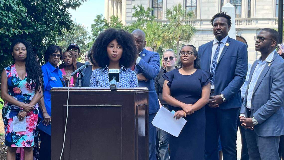 Clementine Jordan speaks about her experience taking AP African American Studies at a press conference organized by the ACLU on June 11, 2024.