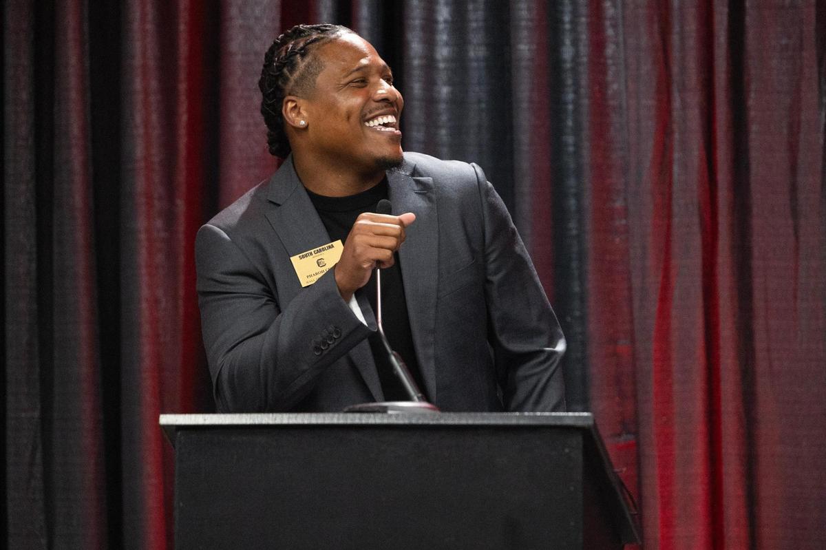 University of South Carolina’s Pharoh Cooper, a former Gamecocks football star, in entered into the university’s hall of fame at Williams-Brice Arena on Friday, November 1, 2024.
