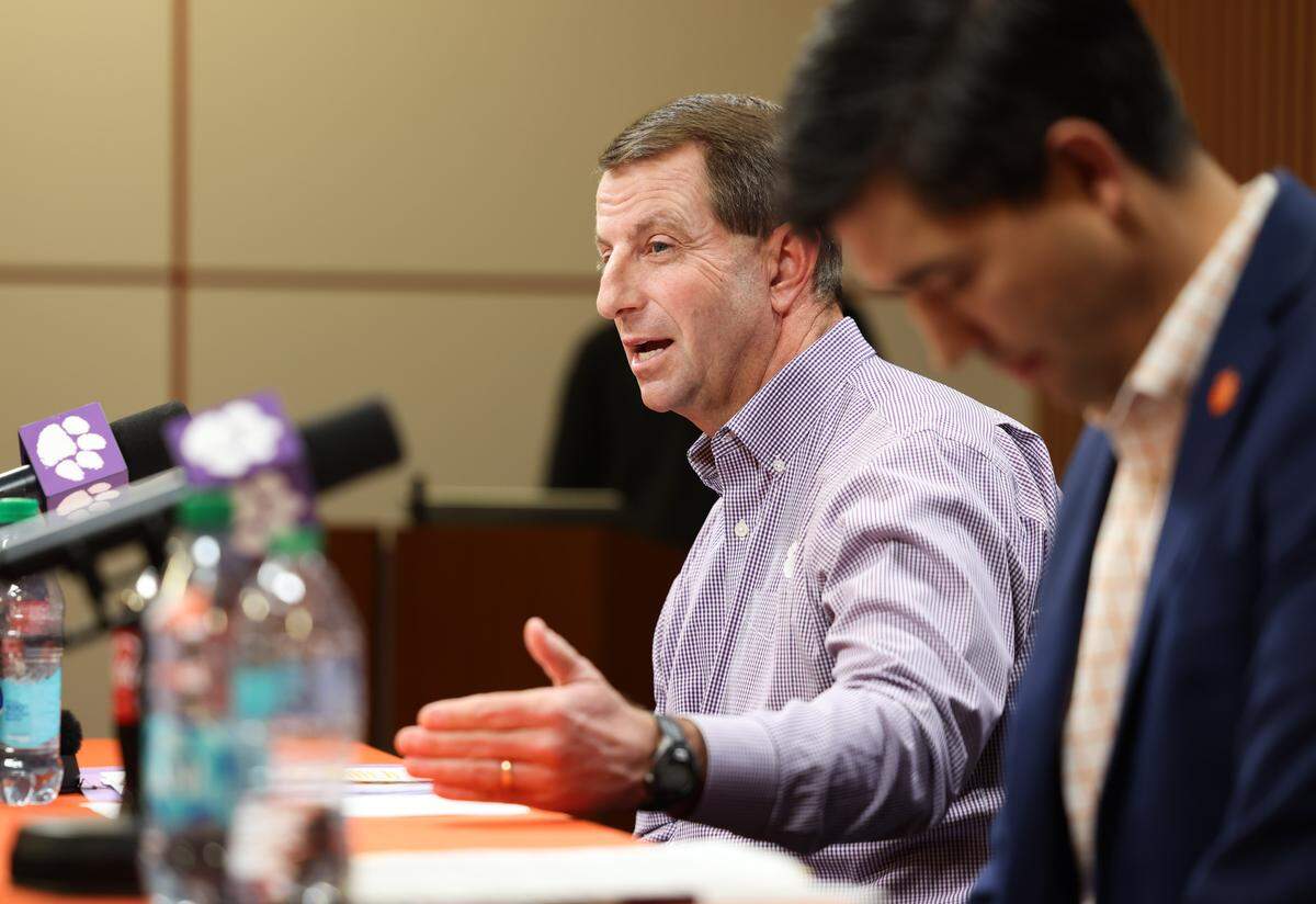 Clemson head coach Dabo Swinney and athletic director Graham Neff speak during a press conference in Clemson on Friday, January 23, 2026.
