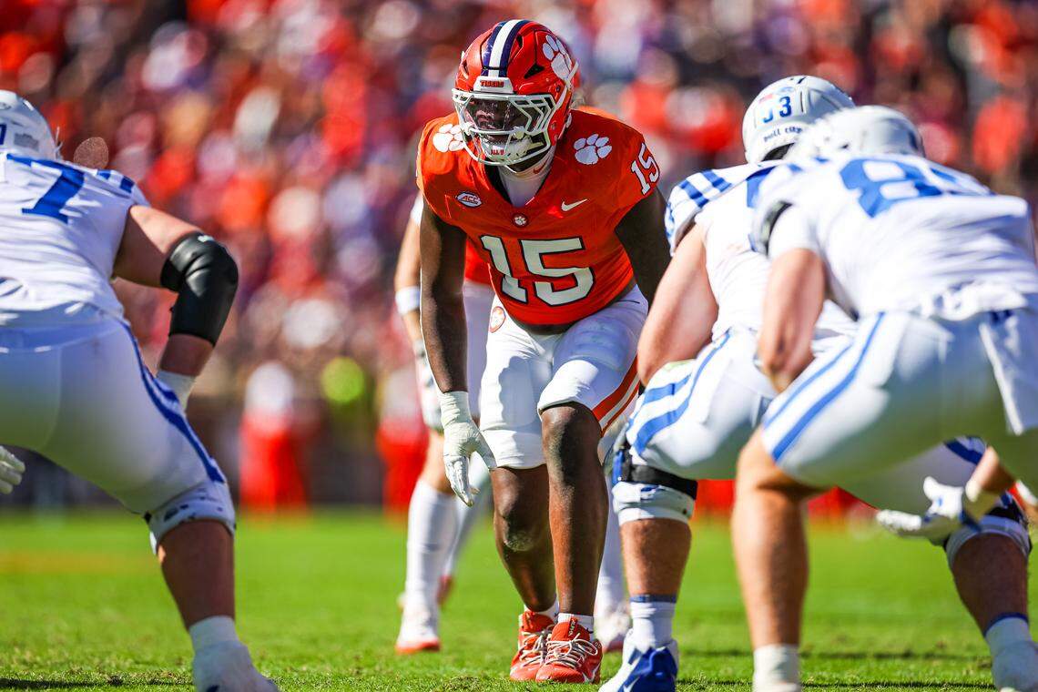 DE Jahiem Lawson #15 of the Clemson Tigers reads the offense during the first half of a football game against the Duke Blue Devils at Memorial Stadium on November 01, 2025 in Clemson, South Carolina.