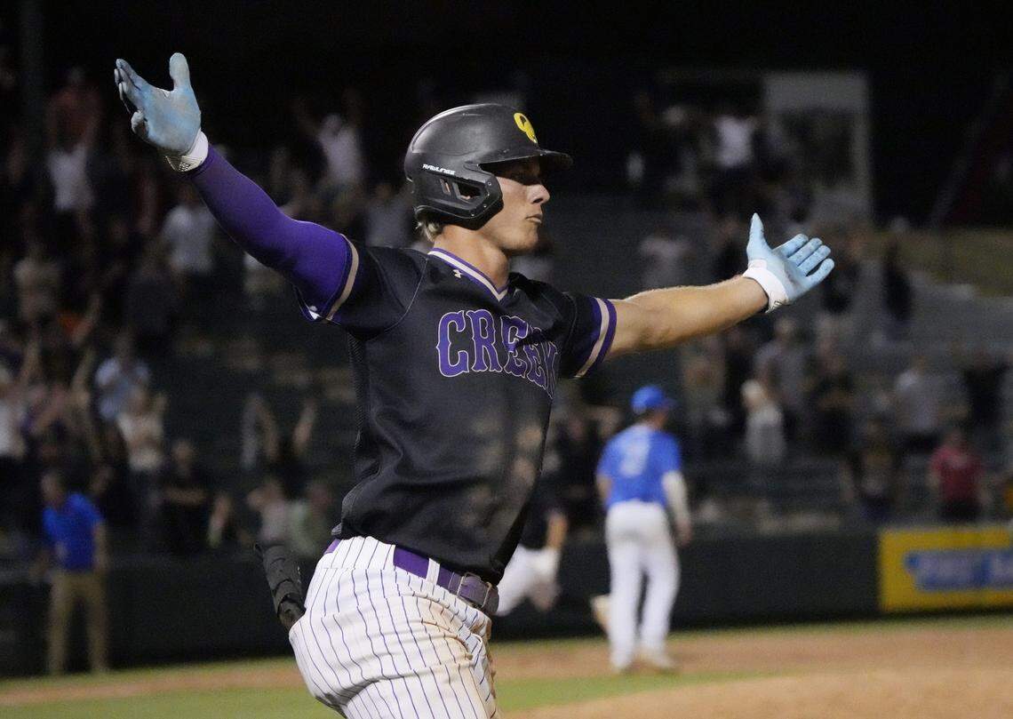 Queen Creek’s Tait Reynolds (4) celebrates his game-winning hit beating Sandra Day O’Connor 7-6 in 10 innings to win the 6A state baseball final at Tempe Diablo Stadium on May 14, 2024.