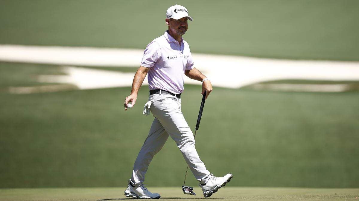 Brian Harman of the United States reacts on the 10th green Saturday during the third round of the 2026 Masters Tournament at Augusta National Golf Club on April 11, 2026 in Augusta, Georgia.
