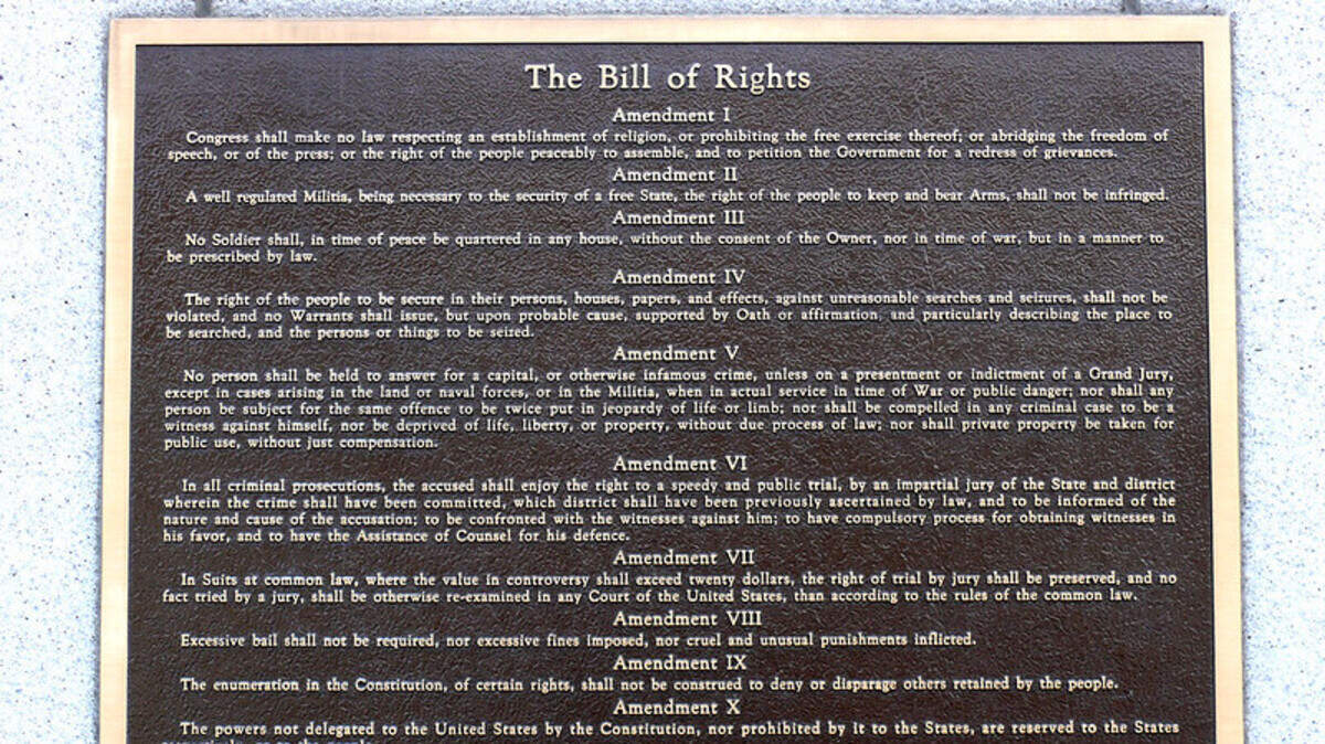 The U.S. Bill of Rights featured on a commemorative marker