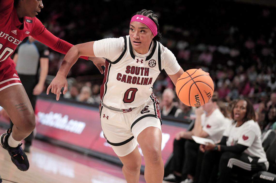 South Carolina’s Te-Hina Paopao drives the ball Sunday, Oct. 22 in the 2023 exhibtion game against Rutgers at Colonial Life Arena in Columbia.