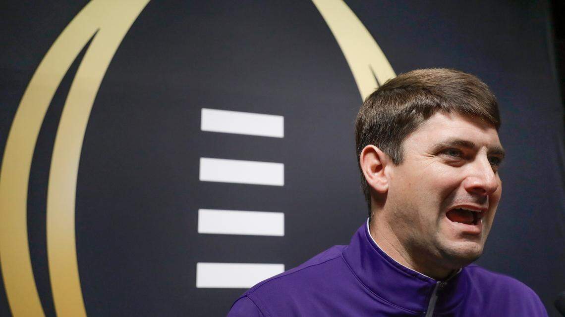 Clemson coordinator Jeff Scott answers a question during media day for the NCAA college football playoff championship game Saturday, Jan. 5, 2019, in Santa Clara, Calif. (AP Photo/Chris Carlson)