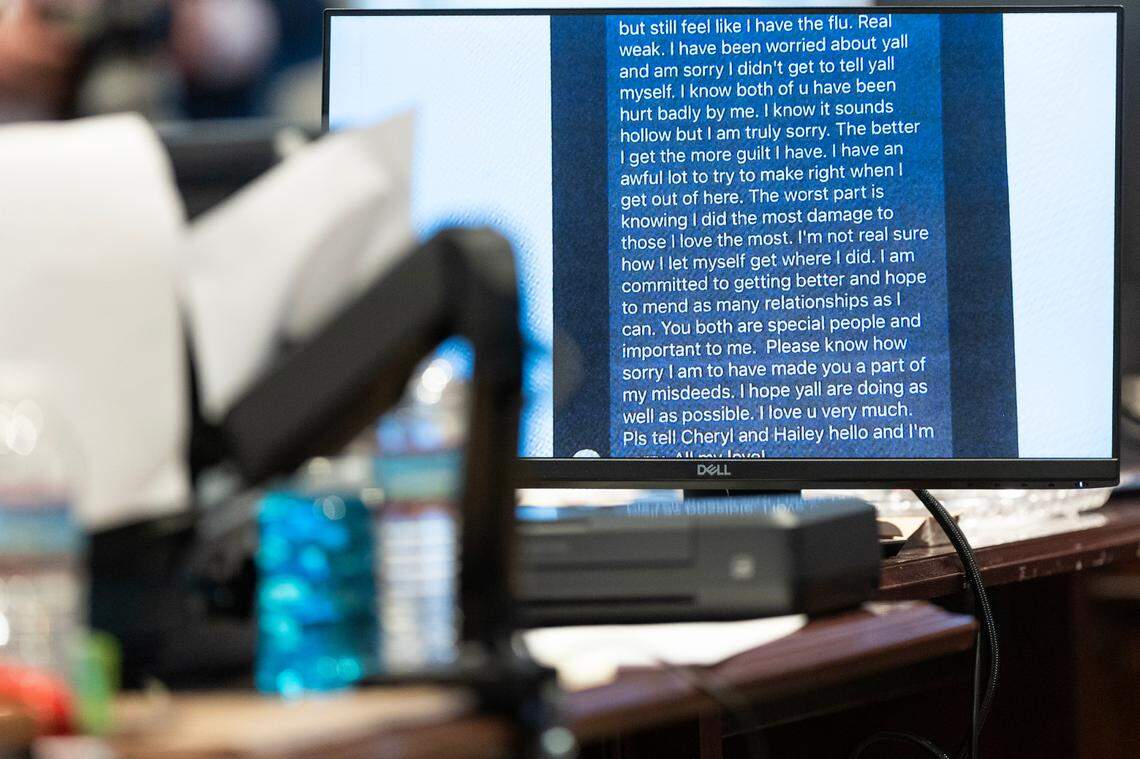 A text message from Alex Murdaugh is shown during his trial for murder at the Colleton County Courthouse on Wednesday, Feb. 8, 2023. Joshua Boucher/The State/Pool