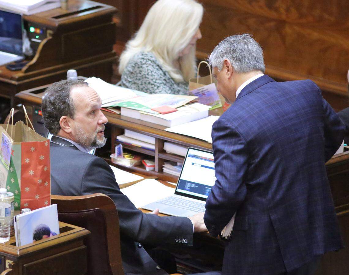 Rep. Bruce Bannister and Rep. Leon Stavrinakis during the S.C house budget week on Tuesday, March 12, 2024 in Columbia, S.C. (Travis Bell/STATEHOUSE CAROLINA)