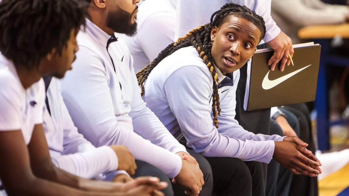 Ridge View Blazers assistant coach Khadijah Sessions in the Boys 5A State Championship Game at the University of South Carolina Aiken Thursday, March 3, 2022.