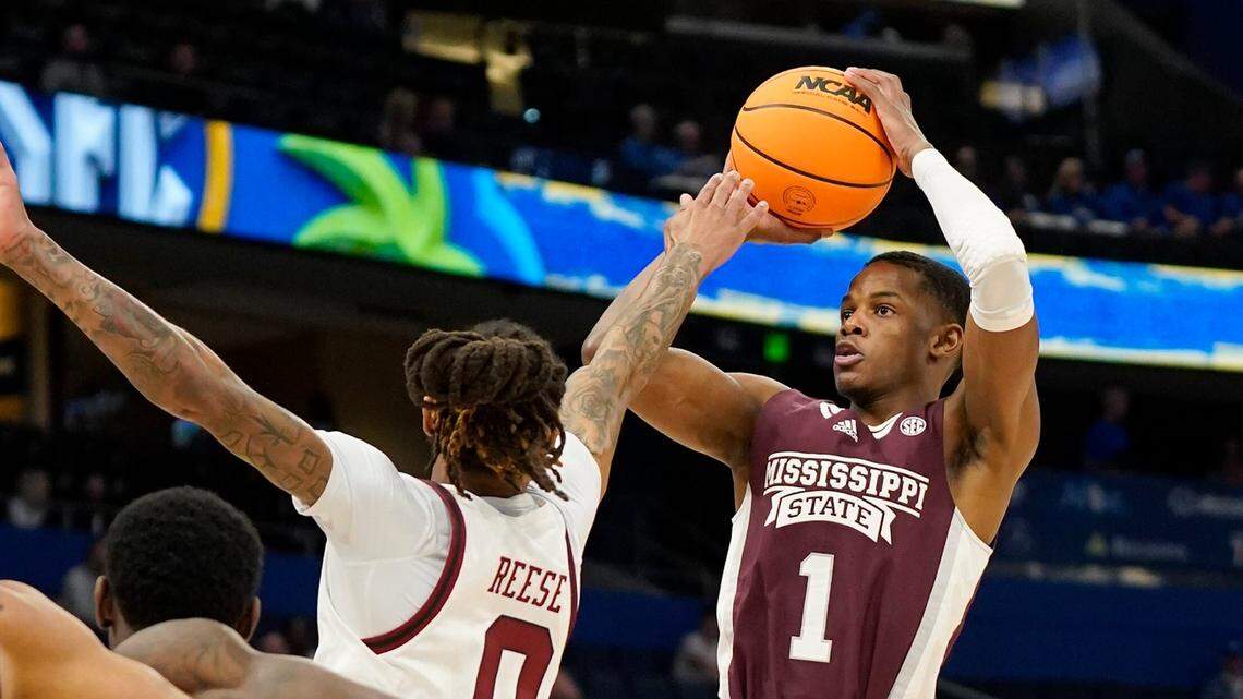 Mississippi State guard Iverson Molinar (1) shoots over South Carolina guard James Reese V (0) during the first half of an NCAA men’s college basketball game at the Southeastern Conference tournament in Tampa, Fla., Thursday, March 10, 2022. (AP Photo/Chris O’Meara)