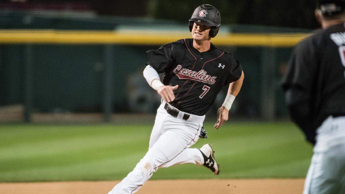 South Carolina second baseman Jacon Olson rounds third base against the Citadel during Tuesday night's game at Founders Park March 7, 2017 in Columbia, S.C. 3/7/17