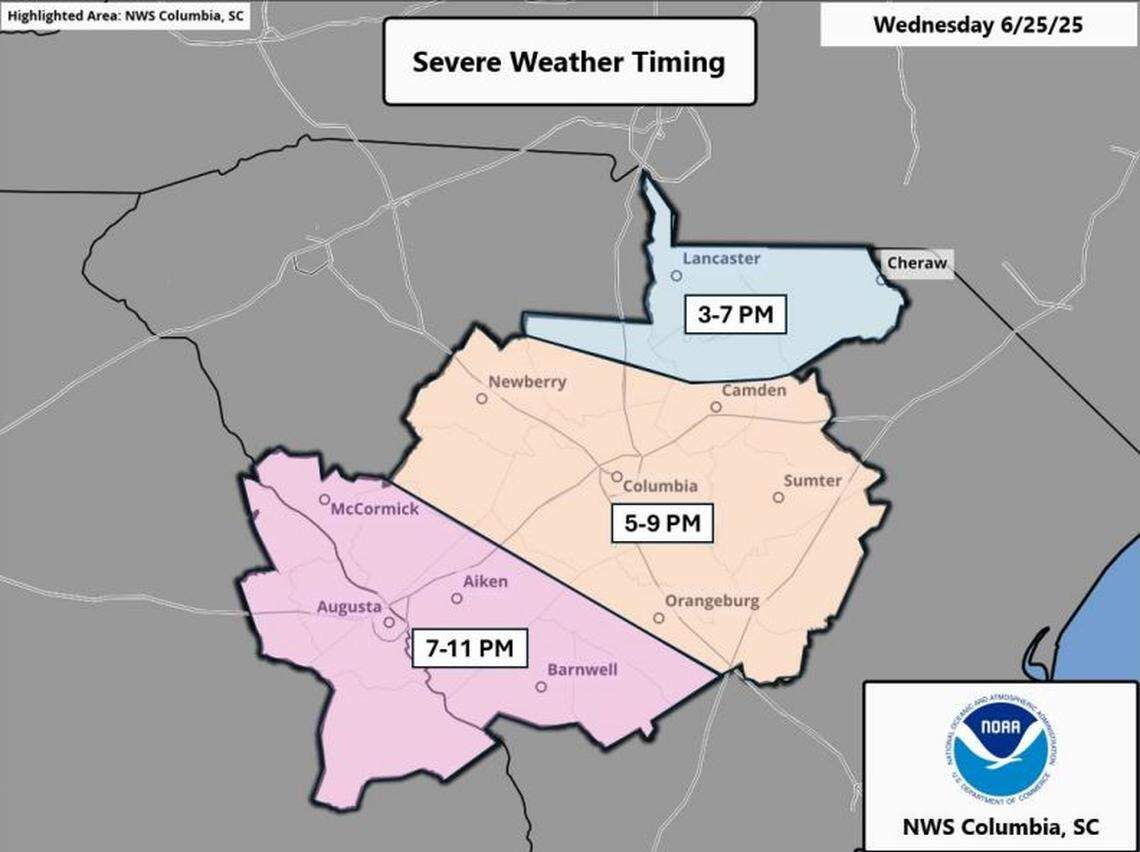 Severe weather timing in the Midlands region of South Carolina.