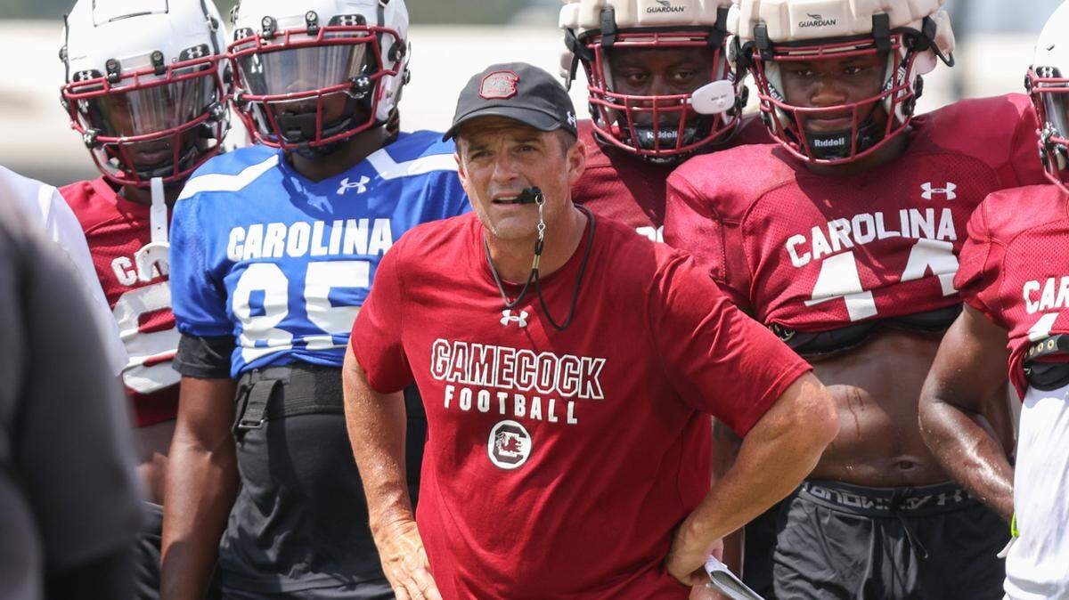 South Carolina head coach Shane Beamer watches on during practice in Columbia on Monday, August 7, 2023.
