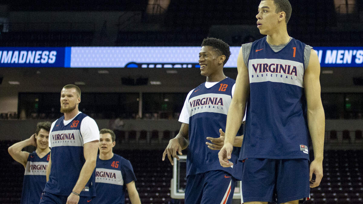 Virginia Cavaliers forward Francesco Badocchi (1), Virginia Cavaliers guard De’Andre Hunter (12), Virginia Cavaliers center Jack Salt (33), Virginia Cavaliers forward Austin Katstra (45) and Virginia Cavaliers center Francisco Caffaro (22) walk down the court during practice a day before the start of the NCAA Tournament at Colonial Life Arena Thursday March 21, 2019, in Columbia, SC.
