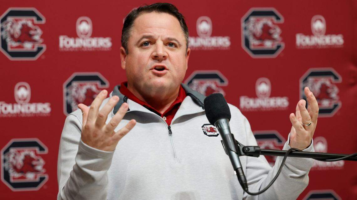 South Carolina’s new offensive coordinator Dowell Loggains speaks with reporters on Wednesday, December 14, 2022.