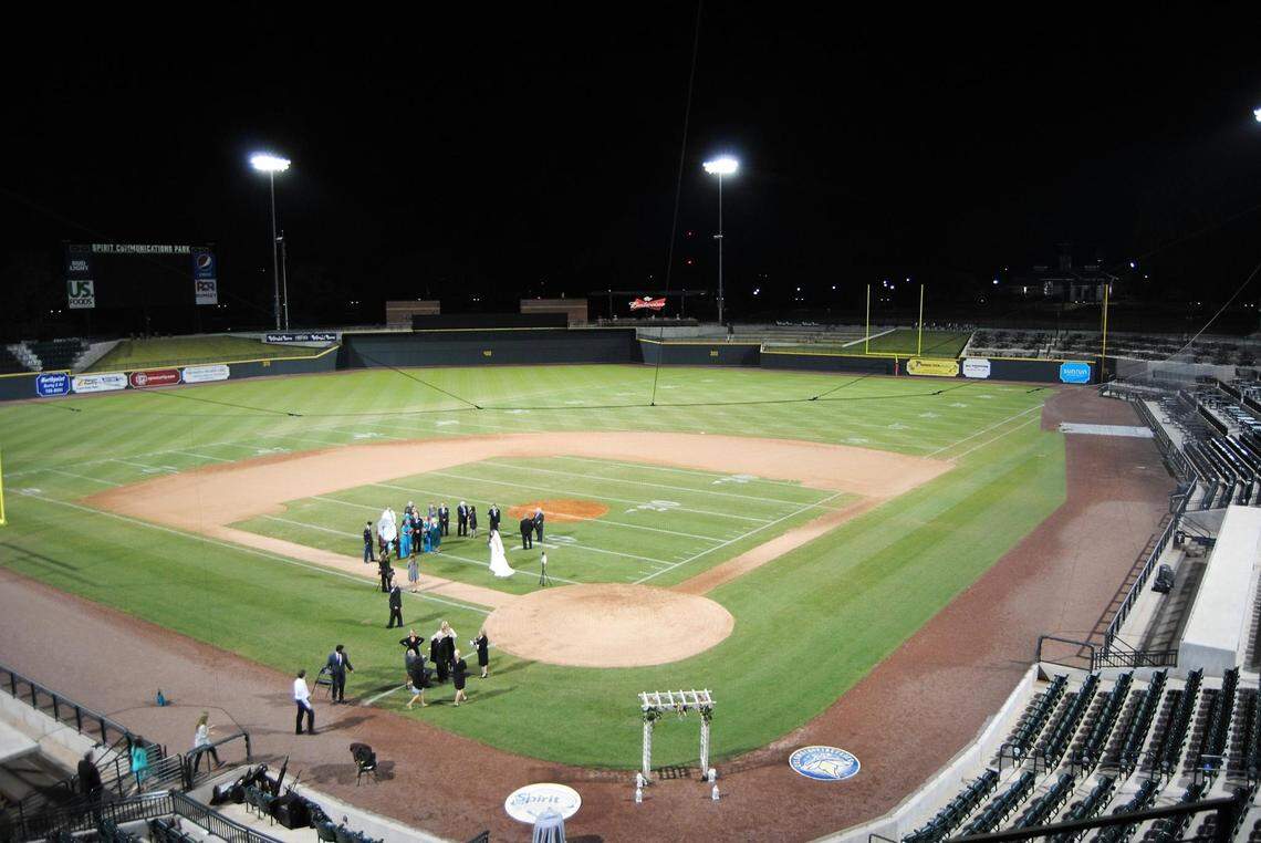 An aerial view of a wedding at Spirit Communications Park.