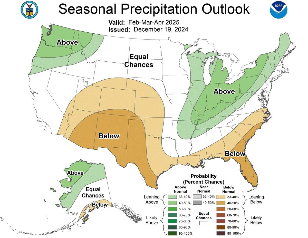An image of a U.S. map showing forecasts of rain from February through April.
