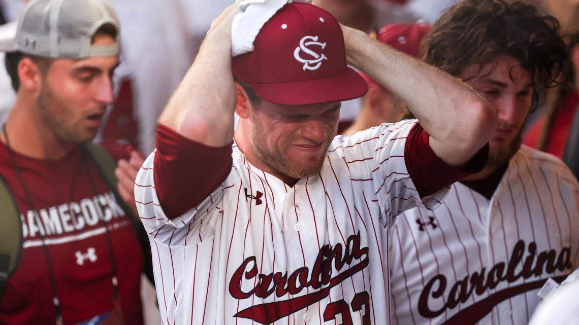 Jack Mahoney (23) of South Carolina reacts to his team’s loss to Florida in the Super Regional round of the 2023 NCAA College Baseball Championship at Condron Ballpark in Gainesville on Saturday, June 10, 2023.