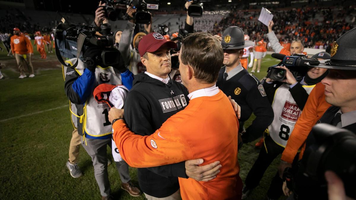 Shane Beamer speaks with Dabo Swinney following the Gamecocks’ loss to Clemson at Williams-Brice Stadium on Saturday, November 27, 2021.