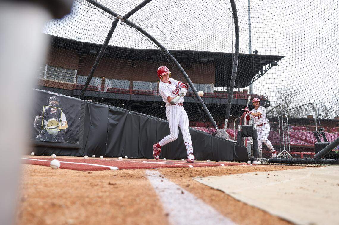 Brandon Cromer (2) of South Carolina takes a swing during batting practice following Media Day at Founders Park in Columbia on Jan. 22.