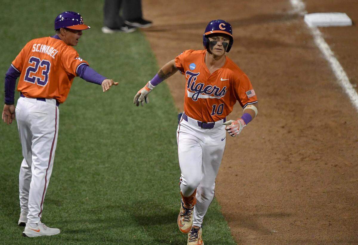Clemson outfielder Cam Cannarella (10) rounds third base after hitting a home run against University of South Carolina Upstate during the bottom of the eighth inning at the NCAA baseball Clemson Regional at Doug Kingsmore Stadium in Clemson, S.C. Friday, May 30, 2025.
