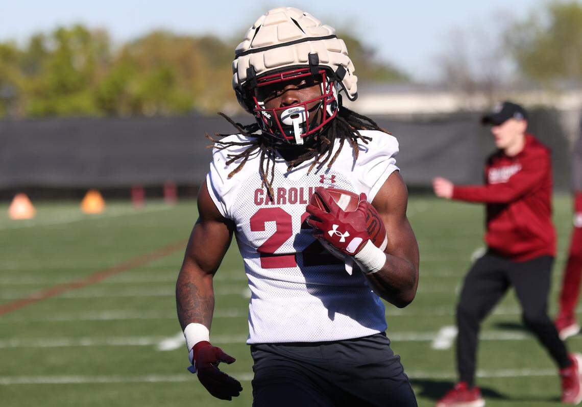 South Carolina running back Jawarn Howell (22) runs drills during the Gamecocks’ practice in Columbia on Tuesday, March 19, 2024.