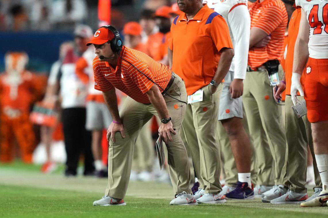 Dec 30, 2022; Miami Gardens, FL, USA; Clemson Tigers head coach Dabo Swinney looks on during the second half of the 2022 Orange Bowl against the Tennessee Volunteers at Hard Rock Stadium. Mandatory Credit: Jasen Vinlove-USA TODAY Sports
