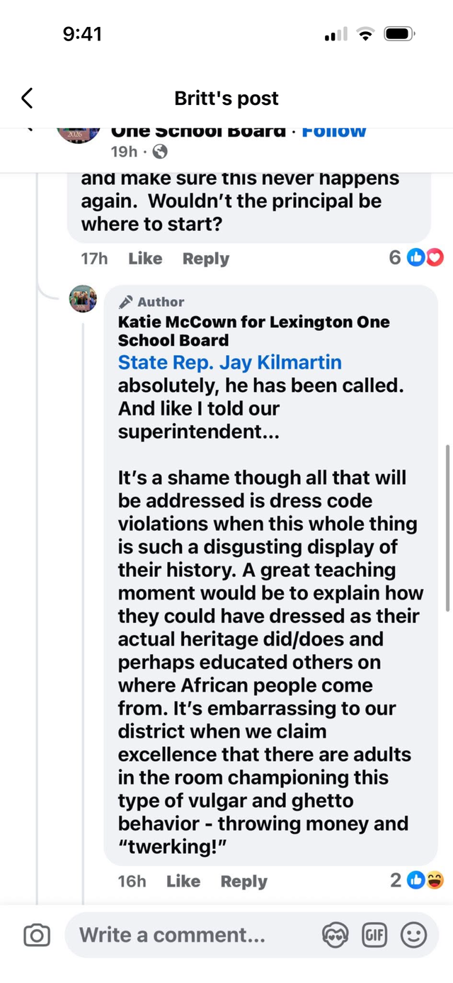 A comment by Lexington 1 school board member Katie McCown on the Black History Month fashion show at River Bluff High School.