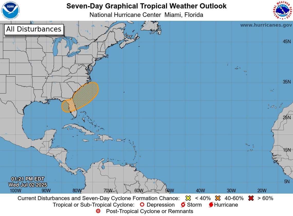 A map of the U.S. showing where a low pressure area could possibly become a tropical or subtropical depression in the coming days.