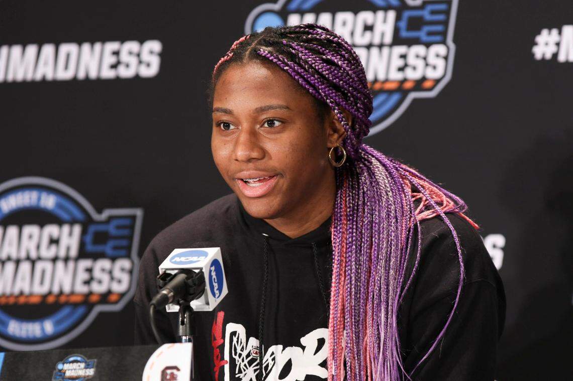 South Carolina’s Aliyah Boston (4) speaks during a press conference in advance of the Gamecocks’ Sweet 16 game against North Carolina.
