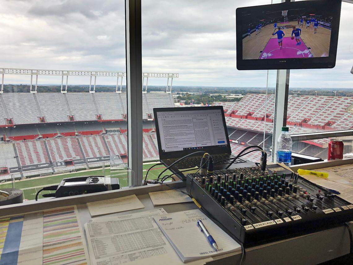 Derek Scott is doing radio broadcasts of South Carolina’s men’s basketball road games through a TV feed like this one from the weekend at Williams-Brice Stadium.