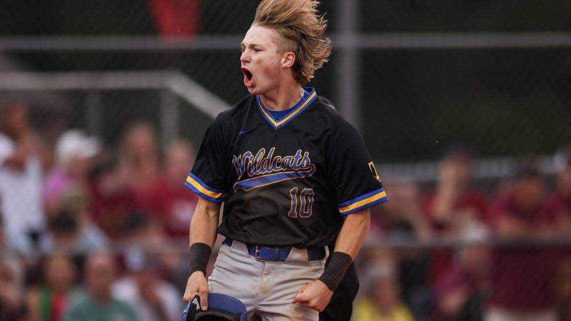Lincoln Hill (10) of Lexington celebrates after scoring during the SCHSL Class 5A Baseball State Championship at Ashley Ridge High School in Summerville on Friday, May 24, 2024.