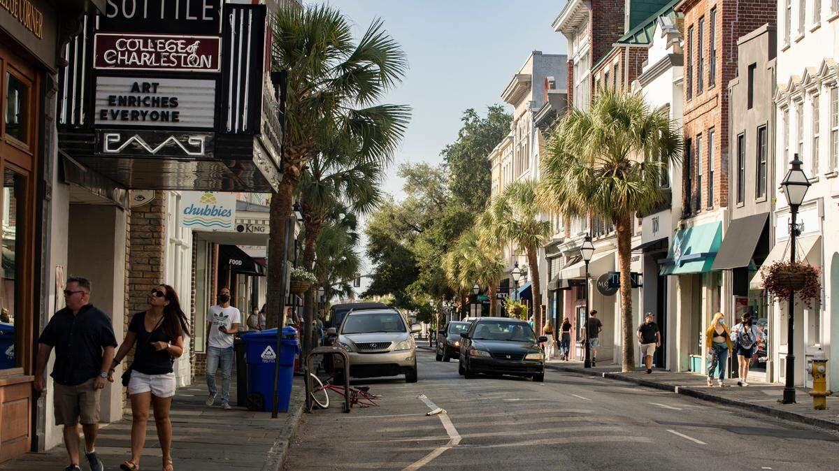Shoppers and students explore parts of King Street in downtown Charleston, South Carolina on Sunday, August 29, 2021.