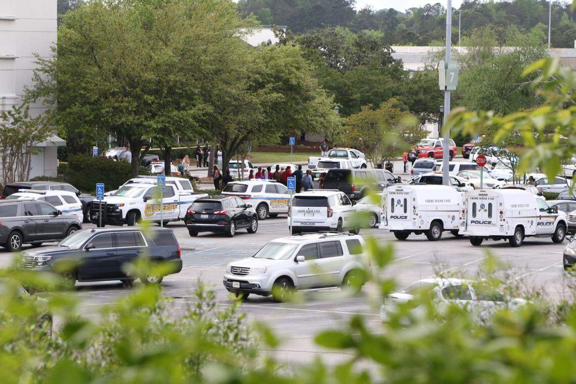 Scene outside Columbiana Centre mall in Columbia, S.C., where a shooting was reported Saturday, April 16, 2022.