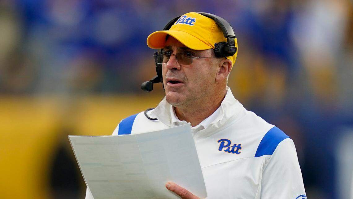 Pittsburgh head coach Pat Narduzzi works the sideline against Clemson during an NCAA college football game, Saturday, Oct. 23, 2021, in Pittsburgh. (AP Photo/Keith Srakocic)