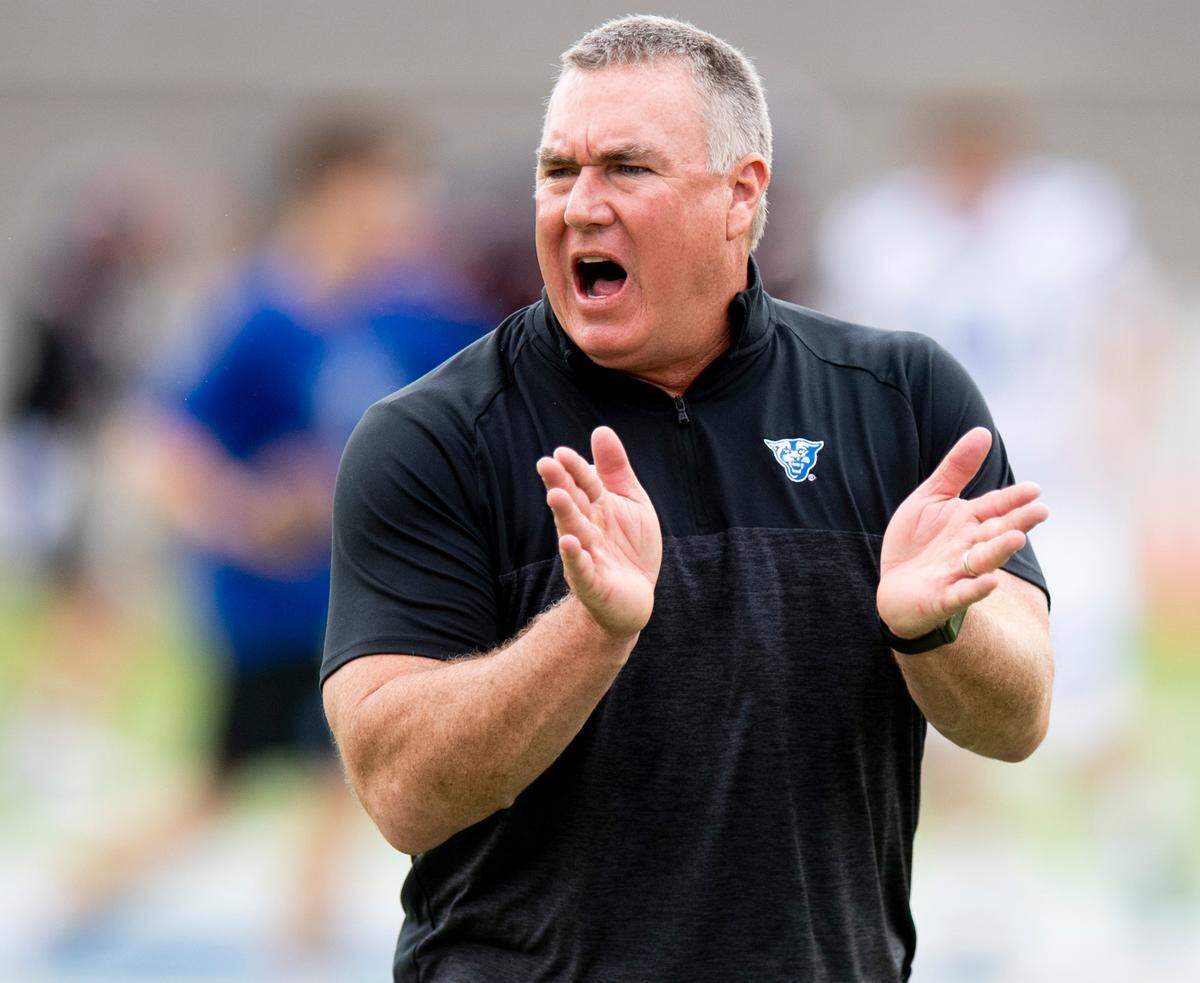 Dec 25, 2021; Montgomery, AL, USA; Georgia State Panthers head coach Shawn Elliott during warm ups before the Camellia Bowl at Cramton Bowl. Mandatory Credit: Mickey Welsh-USA TODAY Sports