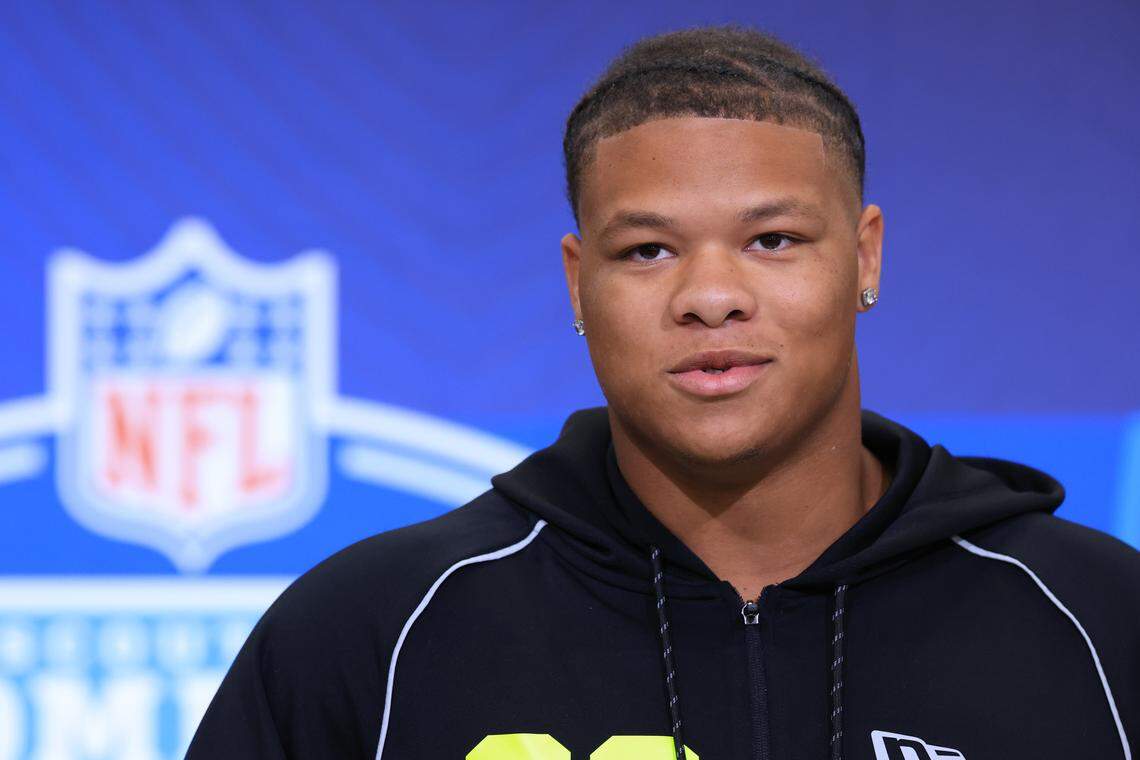 Peter Woods of the Clemson Tigers speaks to the media during the 2026 NFL Scouting Combine at Lucas Oil Stadium on February 25, 2026 in Indianapolis, Indiana.