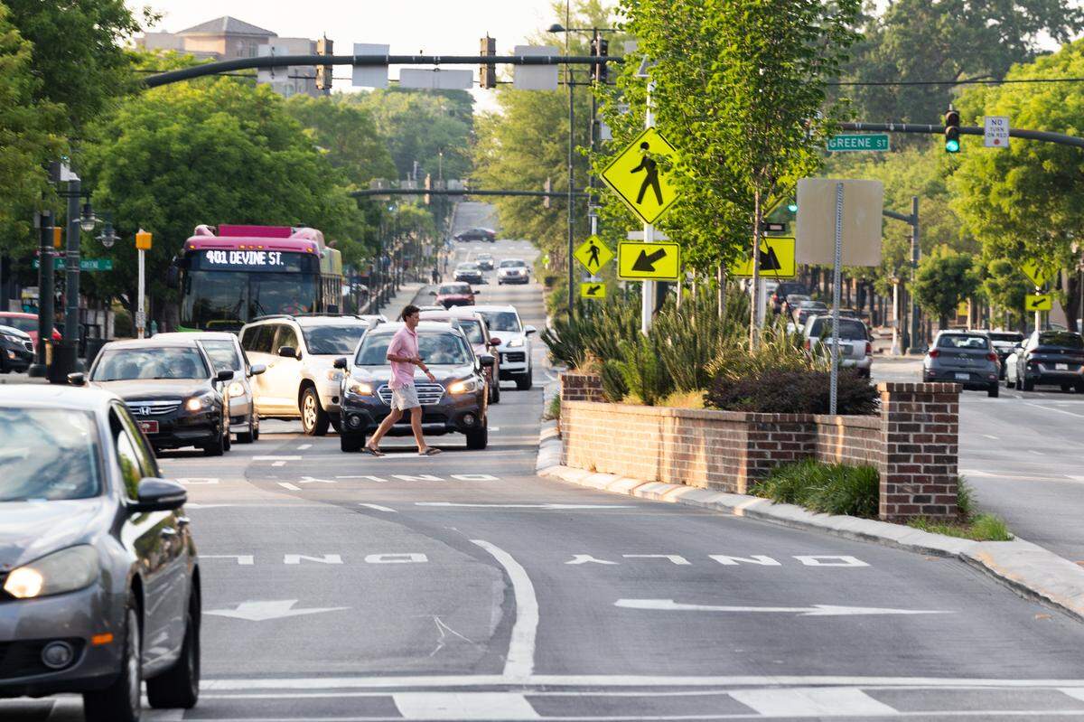 New mid-block crosswalks were installed at various points on Harden Street in Five Points as part of a sweeping pedestrian safety project that wrapped up last summer.