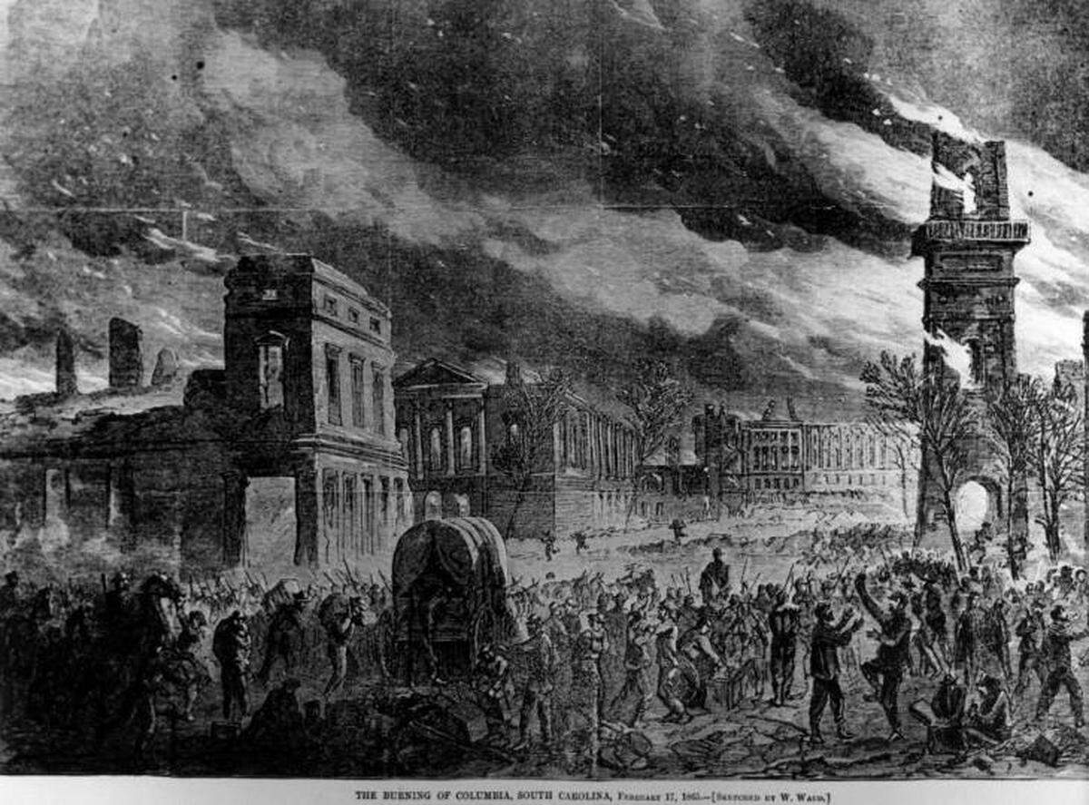 This lithograph shows an interpretation of the burning of Columbia
